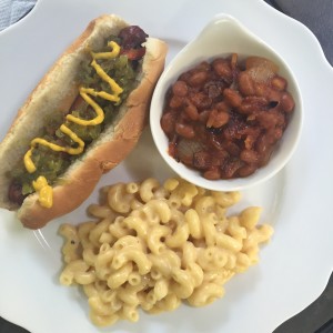 hot dog, mac and cheese, baked beans