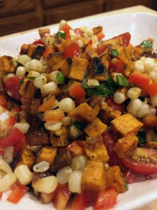 Corn & Sweet Potato Hash with fresh tomatoes, peppers and basil